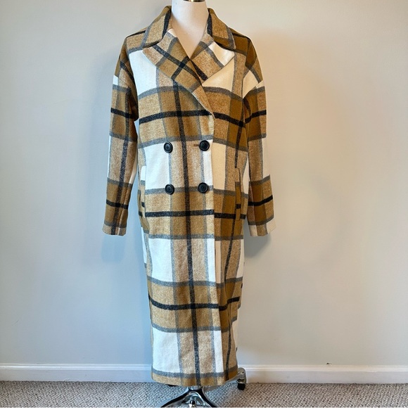 Missguided Tan Cream White Plaid Warm Long Peacoat, size US 6 - Picture 16 of 16